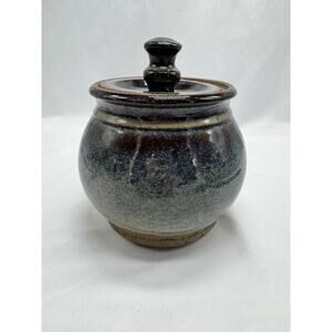Blue Stoneware Ceramic Studio Art Bowl Lid Round Marbled Pottery Kitchen Decor